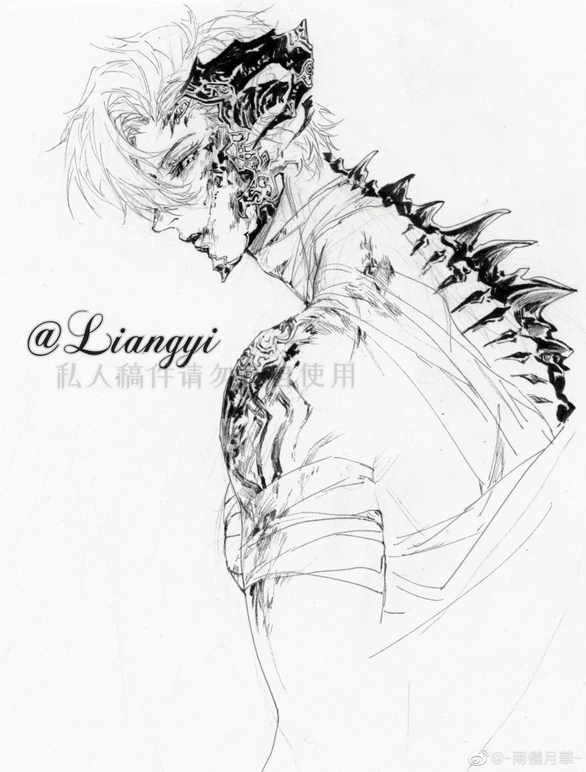 1boy absurdres artist_name bandaged_arm bandaged_neck bandages bare_shoulders body_horror closed_mouth colored_sclera commission cropped_torso expressionless eyelashes from_behind highres liangyi_yuehua lips looking_at_viewer looking_back nib_pen_(medium) nostrils original pen_(medium) pointy_nose sample_watermark short_hair shoulder_tattoo simple_background solo spiked_spine tattoo traditional_media watermark weibo_watermark white_background