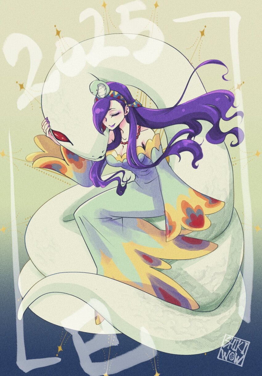 1girl 2025 bare_shoulders bead_necklace beads breasts chinese_zodiac chrono_cross cleavage closed_eyes dress fingernails floating_hair full_body gold_trim green_dress hair_ornament hair_over_one_eye highres jewelry long_dress long_hair long_sleeves medium_breasts necklace off-shoulder_dress off_shoulder purple_hair purple_nails red_eyes riddel_(chrono_cross) shikiwo signature sleeves_past_fingers sleeves_past_wrists smile snake snake_hair_ornament solo white_snake wide_sleeves year_of_the_snake