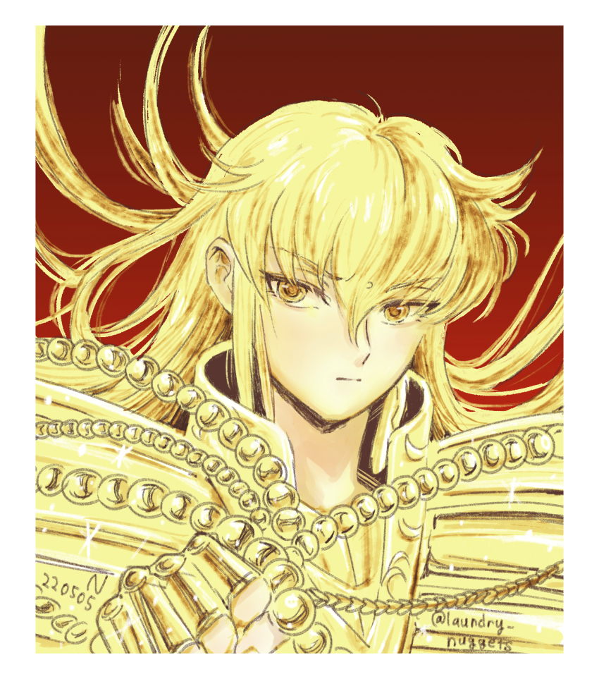 1boy armor beads blonde_hair expressionless facial_mark forehead_mark gold_armor gold_cloth gold_saint hands_up highres holding holding_jewelry holding_necklace jewelry laundry_nuggets long_hair looking_at_viewer male_focus necklace portrait prayer_beads saint_seiya solo unusually_open_eyes virgo_shaka yellow_eyes