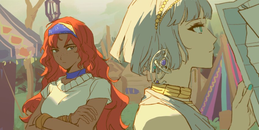 2girls bare_shoulders bianca_(reverse:1999) blue_choker blue_eyes blue_hairband blue_nails bob_cut brown_eyes choker crossed_arms dark-skinned_female dark_skin earrings freckles gold_choker grey_hair grey_sky grey_tank_top gyeol_124 hairband hand_up highres holding jewelry long_hair looking_at_another looking_to_the_side mercuria_(reverse:1999) multiple_girls outdoors profile red_hair reverse:1999 shirt short_hair short_sleeves sketch sky tank_top tent upper_body very_long_hair white_shirt