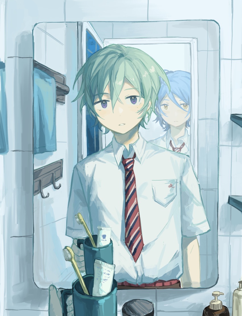 2boys absurdres bathroom behind_another bishounen blue_hair breast_pocket closed_mouth collared_shirt cup diagonal-striped_clothes diagonal-striped_necktie dongfang_shuyechu ensemble_stars! green_hair highres holding holding_cup kazehaya_tatsumi looking_at_viewer male_focus mirror multiple_boys necktie open_door parted_lips pocket pov pov_hands purple_eyes red_necktie reflection reflection_focus shirt short_hair short_sleeves soap_bottle striped_clothes tile_wall tiles tojo_kaname toothbrush toothpaste towel towel_rack upper_body white_shirt yellow_eyes