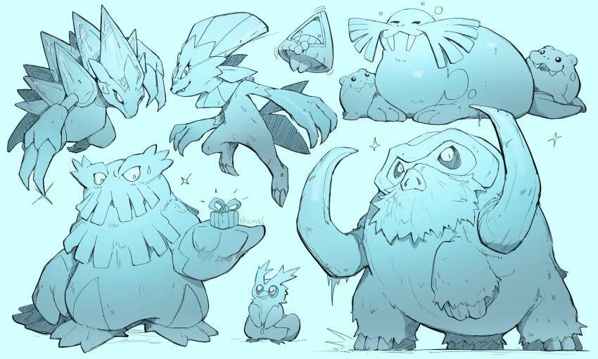 ^_^ abomasnow absurdres alolan_form alolan_sandslash bird blue_background claws clenched_teeth closed_eyes delibird fangs gen_2_pokemon gen_3_pokemon gen_4_pokemon gen_7_pokemon gift hand_up highres holding holding_gift looking_at_viewer mamoswine monochrome nintendo no_humans open_mouth pokemon pokemon_(creature) pokemon_focus scarvii seal_(animal) sealeo smile snorunt spheal spikes sweatdrop teeth trait_connection tusks weavile