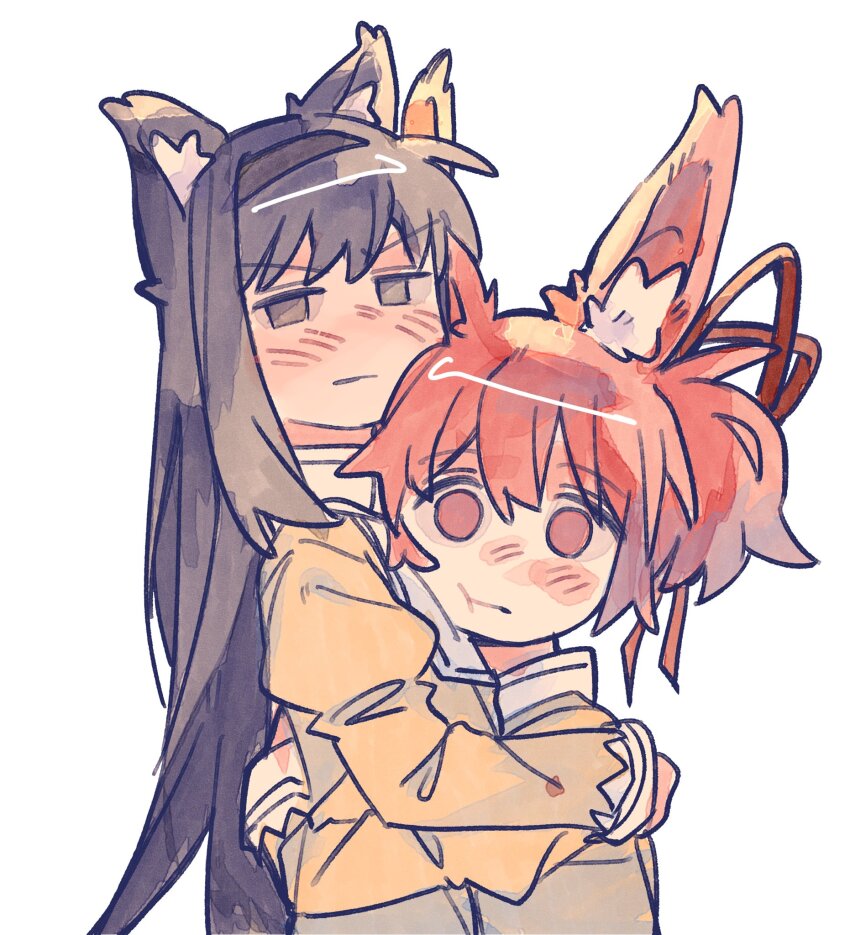 akemi_homura animal_ear_fluff black_hair blush evatsunakaa highres hug kaname_madoka long_hair looking_at_viewer mahou_shoujo_madoka_magica mitakihara_school_uniform pink_hair school_uniform short_hair simple_background twintails upper_body white_background yuri