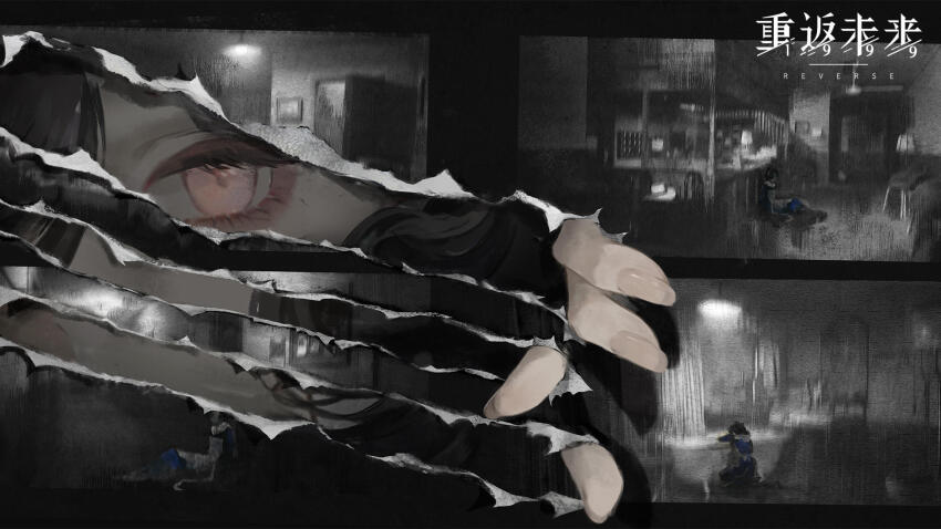 1girl black_background black_hair close-up copyright_name eye_focus fourth_wall hand_focus hand_up highres logo looking_at_viewer official_art partially_colored photo_(object) pink_eyes reverse:1999 ripping solo tuesday_(reverse:1999)