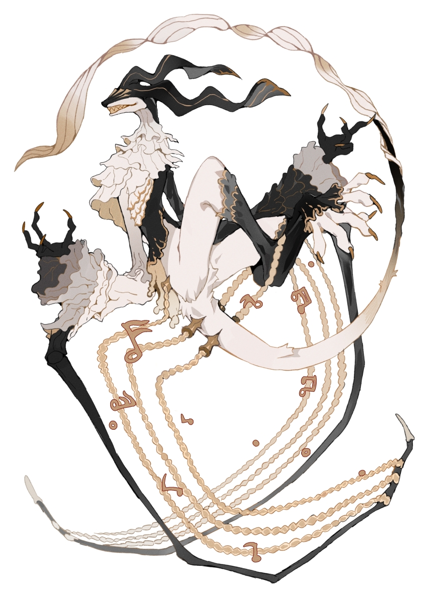 1other absurdres black_skin black_socks claws colored_skin frilled_sleeves frills full_body gold_trim grin highres long_tail monster musical_note original other_focus ou331 sharp_teeth simple_background smile socks tail teeth too_many too_many_frills white_background white_fur white_skin