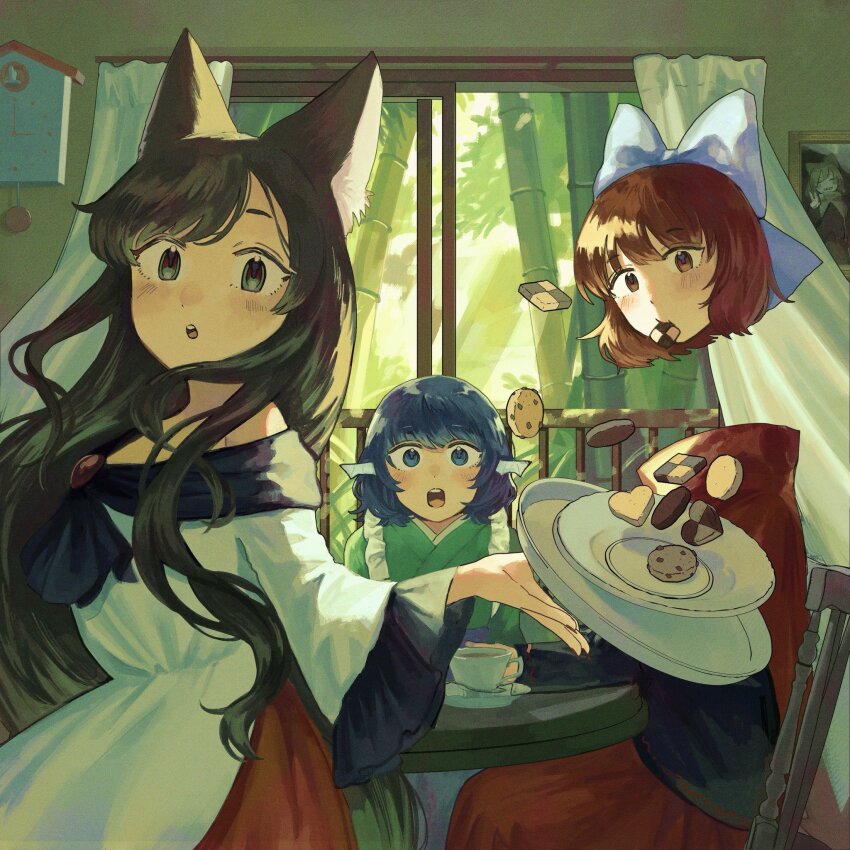 3girls animal_ears bamboo black_shirt blue_eyes blue_hair blush bow brown_hair cape checkerboard_cookie chocolate_chip_cookie commentary_request cookie cup curtains disembodied_head dress fins floating_head food food_in_mouth frilled_kimono frills grass_root_youkai_network green_kimono hair_bow head_fins heart heart-shaped_cookie heart-shaped_food highres imaizumi_kagerou indoors japanese_clothes kimono long_hair long_sleeves looking_at_viewer mermaid monster_girl mouth_hold multiple_girls mushiao open_mouth photo_(object) picture_frame plate purple_bow red_cape red_eyes red_hair red_skirt sekibanki shirt skirt table teacup touhou very_long_hair wakasagihime white_dress wide_sleeves wolf_ears wolf_girl