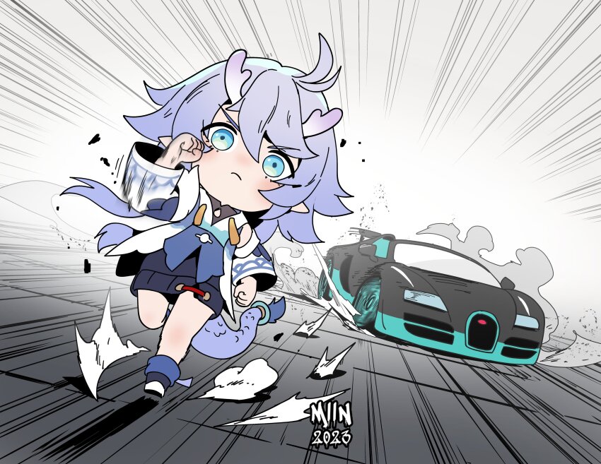 1girl absurdres artofmiin bailu_(honkai:_star_rail) blue_eyes bugatti bugatti_veyron car chinese_clothes closed_mouth commentary dragon_girl dragon_horns dragon_tail english_commentary highres honkai:_star_rail honkai_(series) horns motor_vehicle purple_hair racing running shirt tail white_shirt white_sleeves