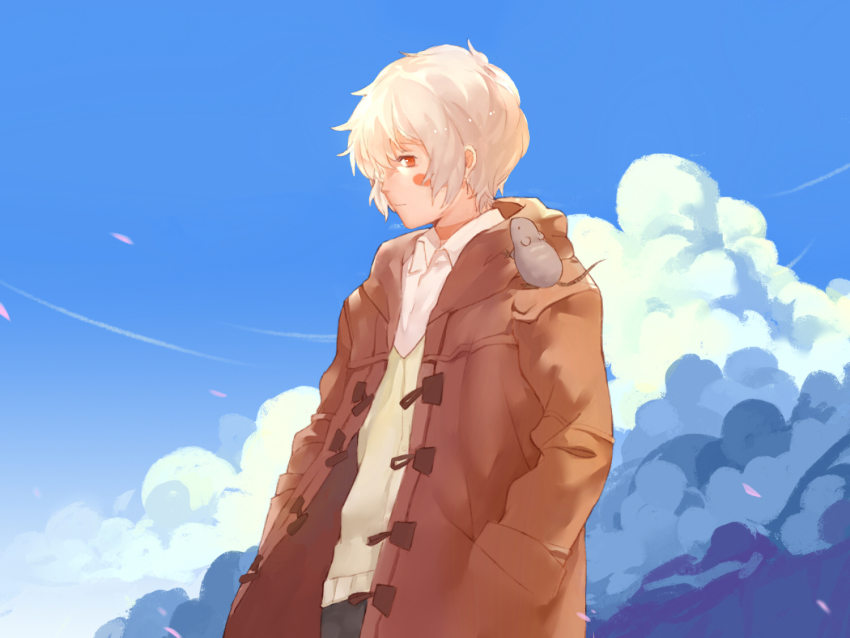 1boy animal animal_on_shoulder black_pants blue_sky body_markings brown_jacket catbox closed_mouth cloud collared_shirt cowboy_shot day expressionless facing_to_the_side from_side hands_in_pockets jacket long_sleeves looking_at_animal male_focus mouse_(animal) no.6 open_clothes open_jacket outdoors pants profile red_eyes shion_(no.6) shirt short_hair sky solo standing vest white_hair yellow_vest