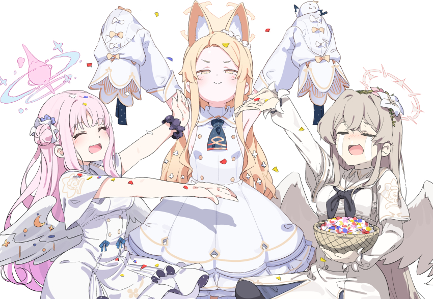 3girls angel_wings animal_ears black_neckerchief blonde_hair blue_archive brown_hair brown_halo closed_eyes commentary confetti cowboy_shot csham detached_sleeves dress fox_ears hair_bun hair_intakes hair_ornament halo highres holding holding_tray long_hair mika_(blue_archive) multiple_girls nagisa_(blue_archive) neckerchief pink_hair pink_halo praise_the_sun seia_(blue_archive) simple_background skirt sleeves_past_fingers sleeves_past_wrists smile squatting standing tears tray very_long_hair white_background white_dress white_skirt wings yellow_eyes yellow_halo