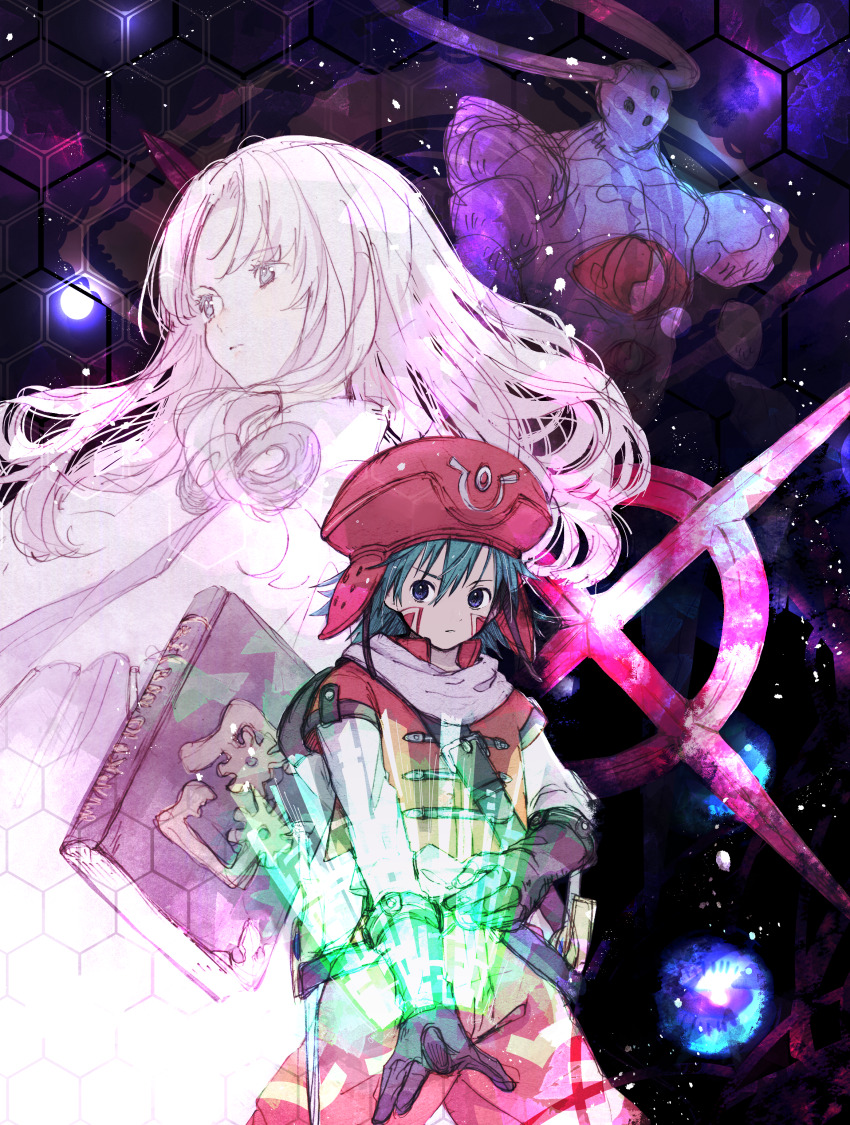 .hack// .hack//games 1boy 1girl absurdres aura_(.hack//) book brown_gloves capelet dot_nose elbow_gloves expressionless gloves green_eyes green_hair grey_eyes hat highres honeycomb_(pattern) infinity_symbol kite_(.hack//) legs_apart long_hair looking_at_viewer looking_to_the_side red_headwear ruhuna_02 skeith_(.hack//) standing white_capelet white_hair