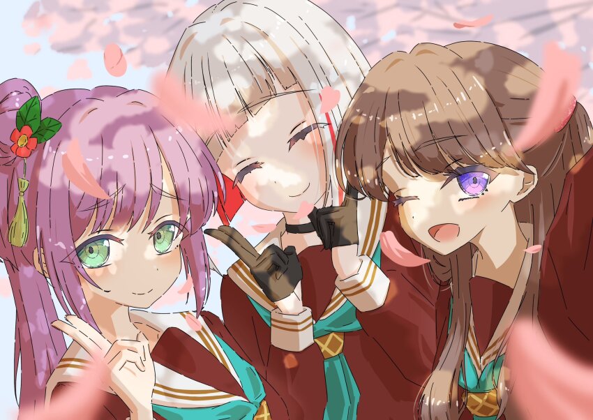 3girls ;d aqua_neckerchief brown_dress cherry_blossoms closed_mouth colored_inner_hair commentary double_v dress falling_petals flower fujishima_megumi green_eyes grey_hair hair_bun hair_flower hair_ornament hashtag-only_commentary hasu_no_sora_school_uniform highres link!_like!_love_live! long_hair looking_at_viewer love_live! multicolored_hair multiple_girls neckerchief one_eye_closed open_mouth otomune_kozue outdoors petals pink_petals purple_eyes purple_hair raised_inner_eyebrows red_flower red_hair sailor_collar sailor_dress sanya_(sanya_ikuyo) school_uniform selfie short_hair side_ponytail single_side_bun smile split_mouth streaked_hair tassel tassel_hair_ornament v virtual_graduation_commemoration virtual_youtuber white_sailor_collar winter_uniform yugiri_tsuzuri