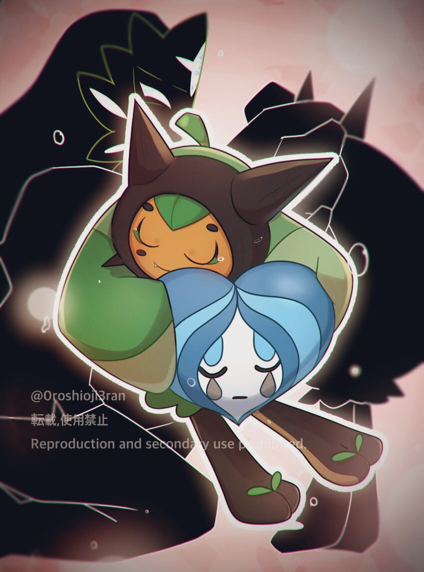 0roshioji3ran closed_eyes closed_mouth commentary_request fang fang_out game_freak highres holding holding_mask mask multiple_views nintendo no_humans ogerpon ogerpon_(teal_mask) ogerpon_(wellspring_mask) outline pokemon pokemon_(creature) smile tearing_up twitter_username watermark