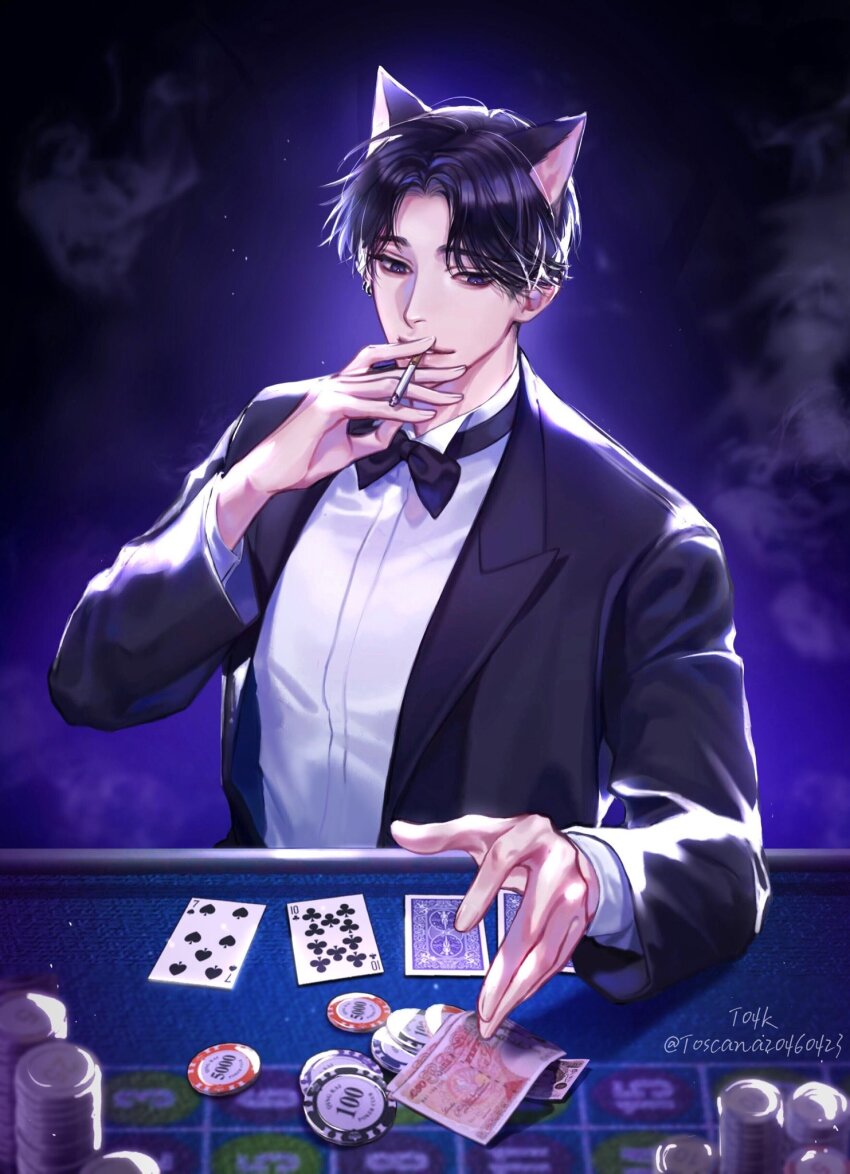 1boy animal_ears arm_on_table artist_name black_bow black_bowtie black_hair black_jacket blurry blurry_background bow bowtie card casino_card_table cat_ears cigarette earrings eyeshadow highres holding holding_cigarette indoors jacket jewelry light_particles long_sleeves looking_at_object looking_down makeup male_focus open_clothes open_jacket original parted_lips playing_card poker_chip purple_background purple_eyes shirt short_hair smoke smoking solo table teeth thick_lips toscana20460423 twitter_username upper_body white_background white_shirt