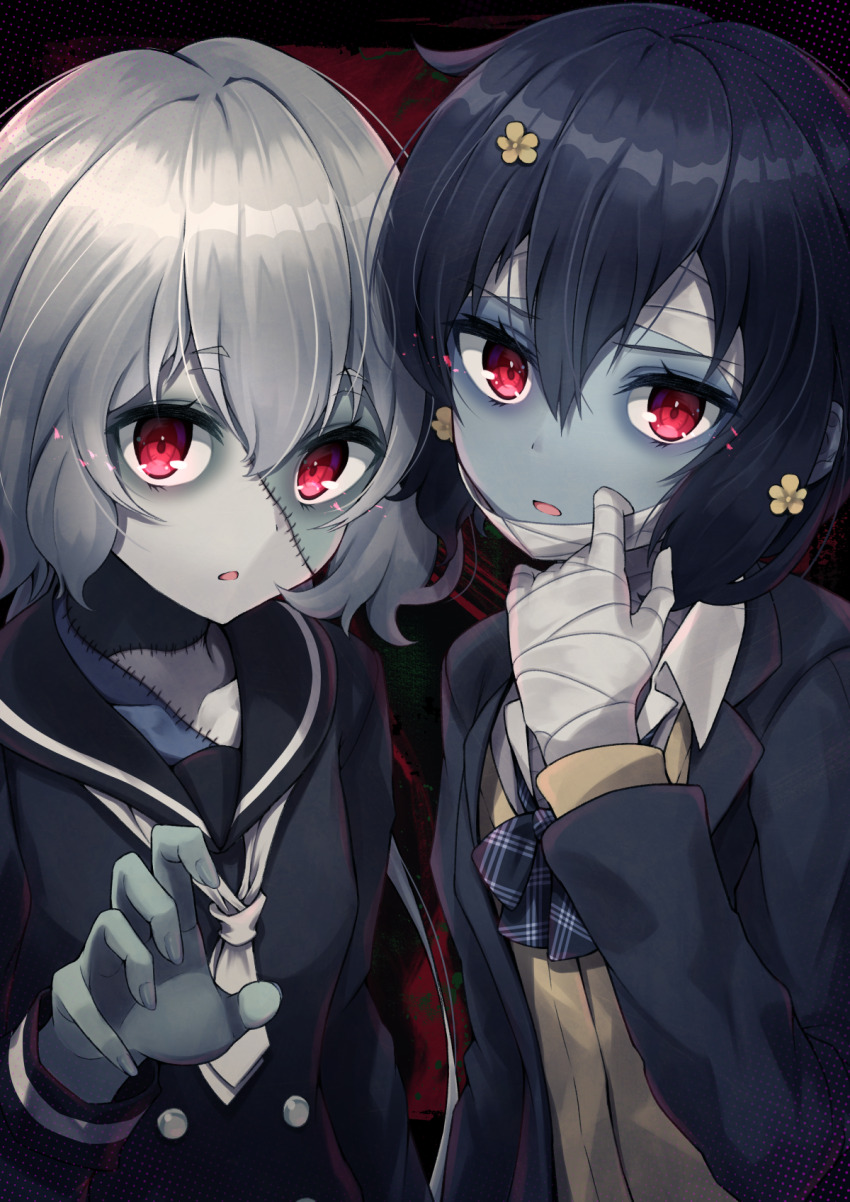 2girls bandaged_hand bandaged_head bandages blazer bow bowtie cardigan claw_pose collared_shirt flower grey_hair hair_flower hair_ornament highres jacket komashiro_n konno_junko mask_pull mizuno_ai multiple_girls neckerchief open_clothes open_jacket patchwork_skin plaid_bow plaid_bowtie plaid_clothes pulling_own_clothes red_eyes school_uniform serafuku shirt side-by-side stitched_face stitches white_neckerchief white_shirt zombie zombie_land_saga