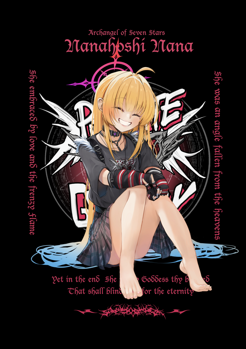 1girl ^_^ absurdres ahoge black_background blonde_hair blue_sky closed_eyes cloud collar commentary_request convenient_leg elbow_gloves english_text facing_viewer feathered_wings fingerless_gloves gloves grin halo highres indie_virtual_youtuber knees_up long_hair mole mole_under_eye nakatokung nanahoshi_nana_(thai_vtuber) official_art pleated_skirt simple_background sitting skirt sky smile solo v very_long_hair virtual_youtuber wading white_wings wings