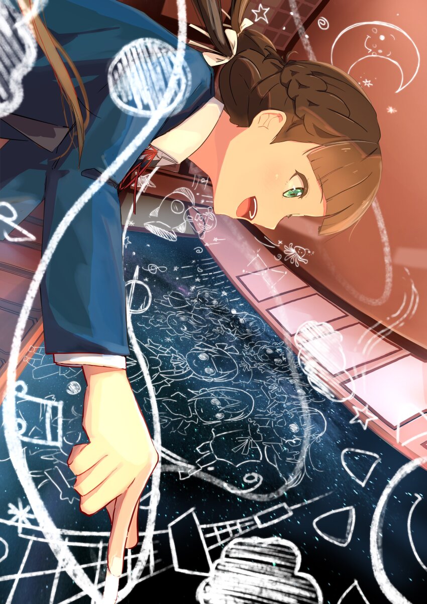 1girl absurdres arashi_chisato blue_jacket blunt_bangs braid brown_hair center-flap_bangs chalk chalkboard classroom collared_shirt commentary_request drawing_(action) drawing_(object) dress_shirt green_eyes half_up_braid half_updo hazuki_ren heanna_sumire highres in-universe_location indoors jacket kiin_(kiin_00) long_hair love_live! love_live!_superstar!! low_twintails neck_ribbon onitsuka_natsumi onitsuka_tomari open_clothes open_jacket profile red_ribbon ribbon sakurakoji_kinako school_uniform shibuya_kanon shirt sideways_glance solo tang_keke treble_clef twintails wakana_shiki white_shirt wien_margarete winter_uniform yoneme_mei yuigaoka_school_uniform