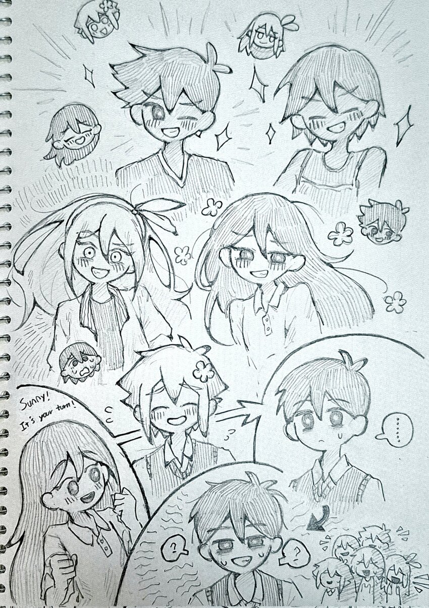... 2girls 4boys ? antenna_hair aubrey_(faraway)_(omori) aubrey_(omori) basil_(faraway)_(omori) basil_(omori) bright_pupils chibi closed_eyes collared_shirt english_text flower flying_sweatdrops greyscale grin hair_flower hair_ornament hairband hero_(faraway)_(omori) hero_(omori) highres jacket kel_(faraway)_(omori) kel_(omori) long_hair looking_at_another looking_at_viewer mari_(faraway)_(omori) mari_(omori) monochrome multiple_boys multiple_girls omori one_eye_closed open_mouth parted_lips shirt short_hair smile speech_bubble spoken_ellipsis spoken_question_mark sunny_(omori) sweat sweatdrop sweater_vest teeth thatbirdcanfly traditional_media