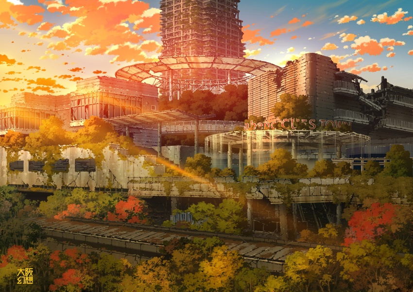 abandoned blue_sky broken_window building cloud commentary_request dilapidated highres no_humans original outdoors overgrown post-apocalypse ruins rust scenery sky sunset tokyogenso tree water waterfall