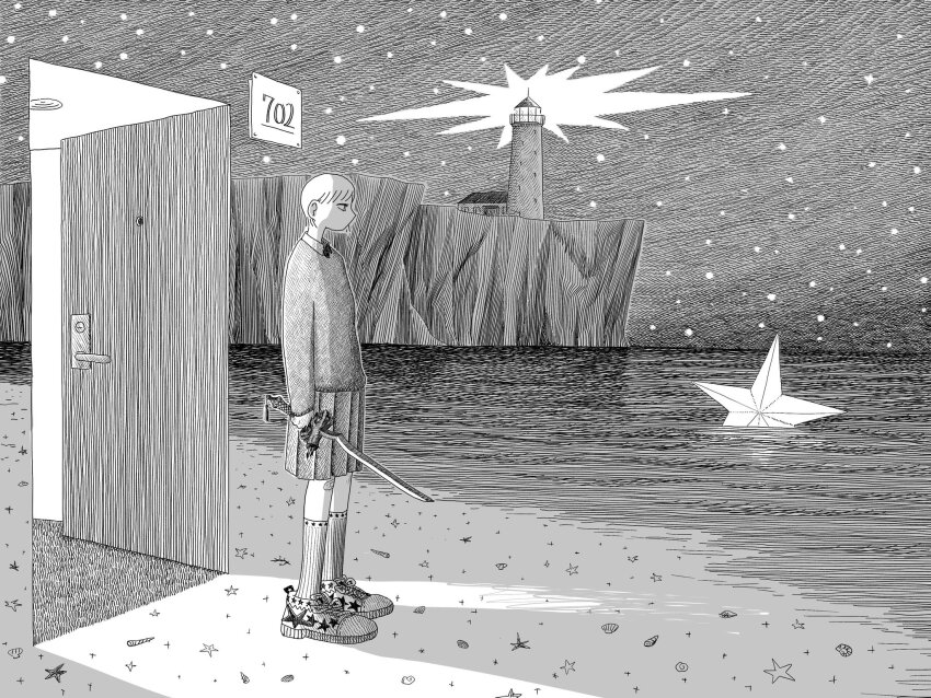 1girl bandaid bandaid_on_knee bandaid_on_leg beach building cliff commentary_request door doorway greyscale hatching_(texture) highres holding holding_sword holding_weapon lighthouse linear_hatching monochrome nib_pen_(medium) night ocean open_door original pen_(medium) profile ryaw seashell shadow shell shoes shore short_hair skirt sneakers socks solo standing star_(sky) star_(symbol) sword traditional_media weapon