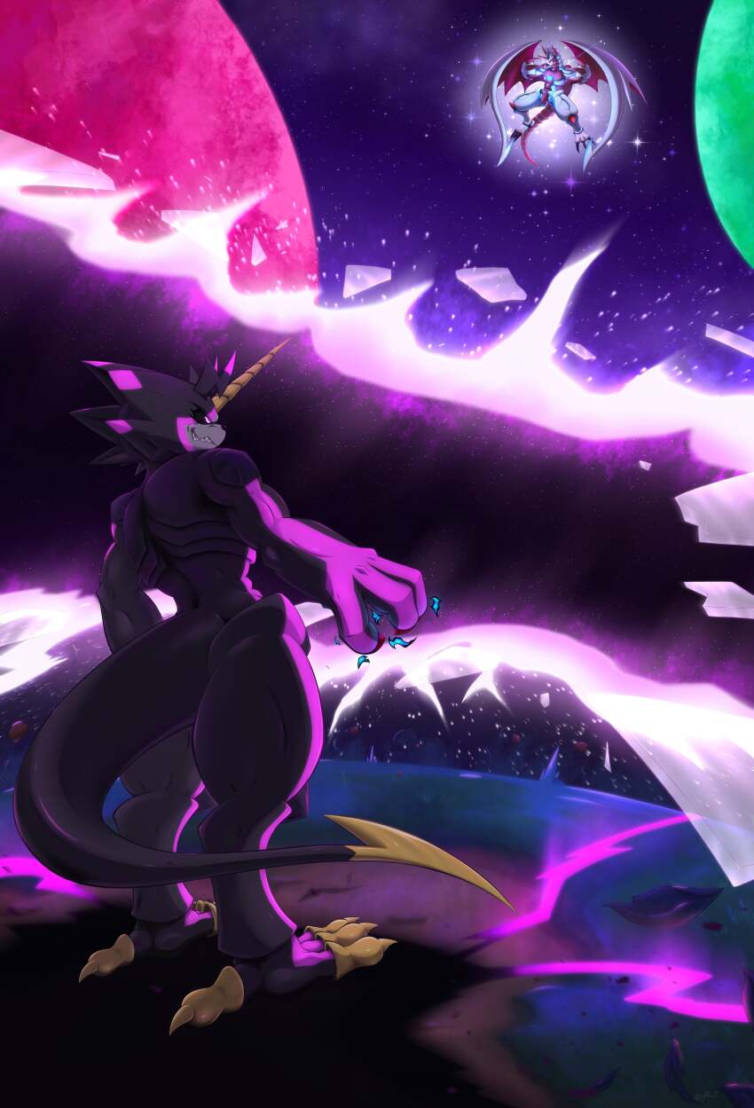 absurdres canoweissmon digimon digimon_(creature) digimon_ghost_game dragon gulusgammamon highres horns looking_at_another muscular star_(sky) tail