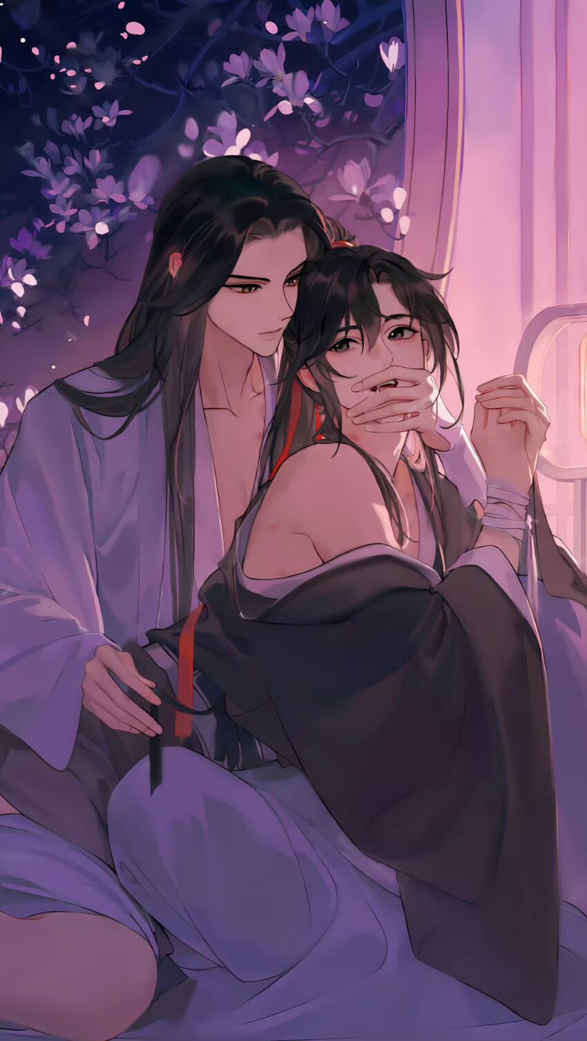 2boys bishounen black_hair black_hanfu blush bound bound_wrists branch chinese_clothes closed_mouth collarbone couple covering_another&#039;s_mouth curtains flower grey_eyes hair_ribbon hand_on_another&#039;s_face hand_on_another&#039;s_hip hanfu hickey highres indoors lan_wangji long_hair long_sleeves looking_at_another lying lying_on_lap lying_on_person male_focus modao_zushi multiple_boys non-web_source off_shoulder official_art on_bed on_stomach open_mouth ponytail red_ribbon ribbon robe round_window saliva single_bare_shoulder sitting sleeves_past_wrists smile tongue tongue_out wei_wuxian white_flower white_hanfu wide_sleeves window yaoi yellow_eyes
