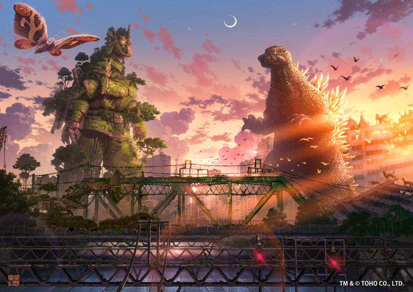 abandoned animal bird blue_sky building cloud commentary_request crescent_moon dilapidated glowing glowing_eye godzilla godzilla:_tokyo_s.o.s. godzilla_(series) godzilla_against_mechagodzilla highres kaiju kiryu_(godzilla) magnetic_weapon mechagodzilla moon mothra no_humans outdoors overgrown post-apocalypse railgun railroad_tracks ruins rust satellite_dish sky spiral_claw star_(sky) starry_sky sunset toho tokyogenso type-4_anti-beast_drilling_device type-4_railgun vehicle_request watermark wrist_cannon wrist_gun