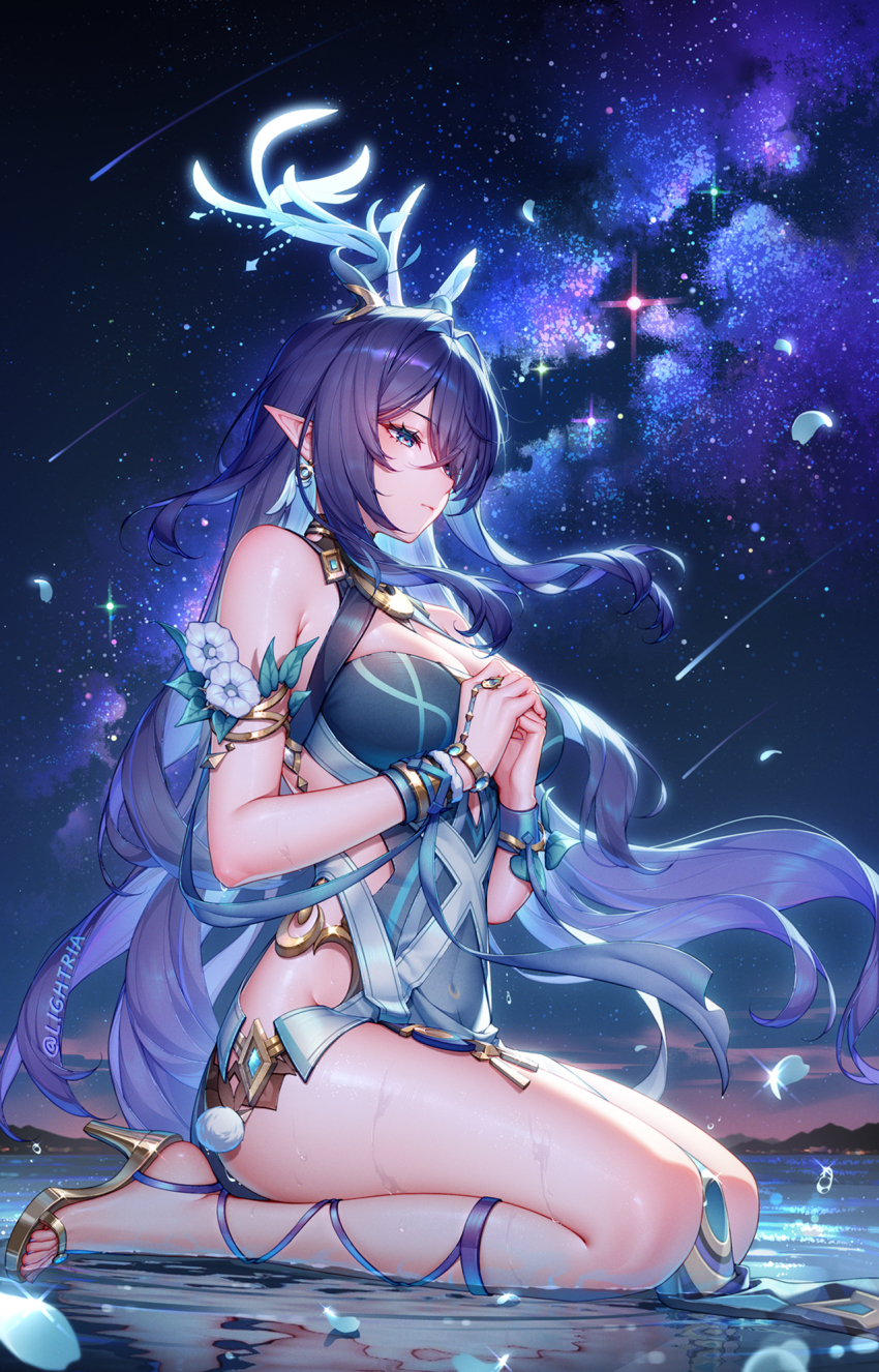 1girl antlers aqua_dress aqua_eyes armlet artist_name bare_legs bare_shoulders blue_hair bracelet breasts chinese_commentary cleavage commentary_request dress earrings genshin_impact hair_intakes high_heels highres horns jewelry kneeling kneeling_female large_breasts lauma_(genshin_impact) lightria night night_sky outdoors own_hands_together pointy_ears pom_pom_(clothes) seiza shooting_star sidelocks sitting sky solo thighs water