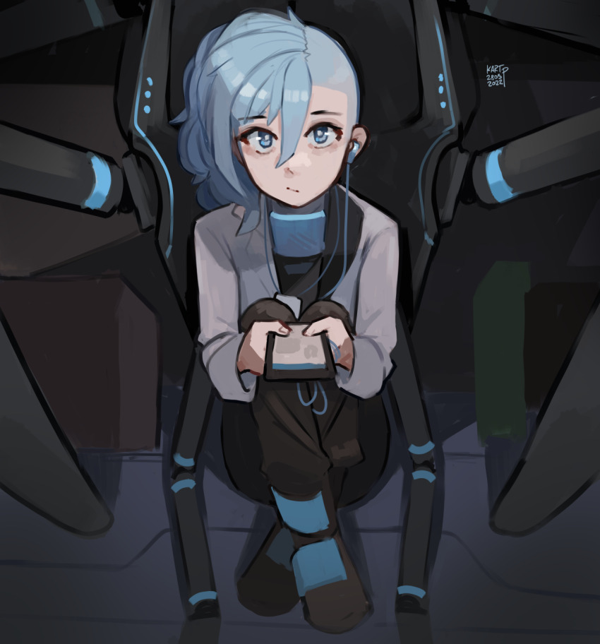 1girl asymmetrical_hair black_boots black_pants blue_eyes blue_hair boots closed_mouth commentary crossed_legs dated earbuds earphones english_commentary eyelashes full_body grey_shirt highres holding kart_prowler long_sleeves looking_at_viewer medium_hair nyx_(kart_prowler) original pants shirt sidecut signature sitting solo undercut