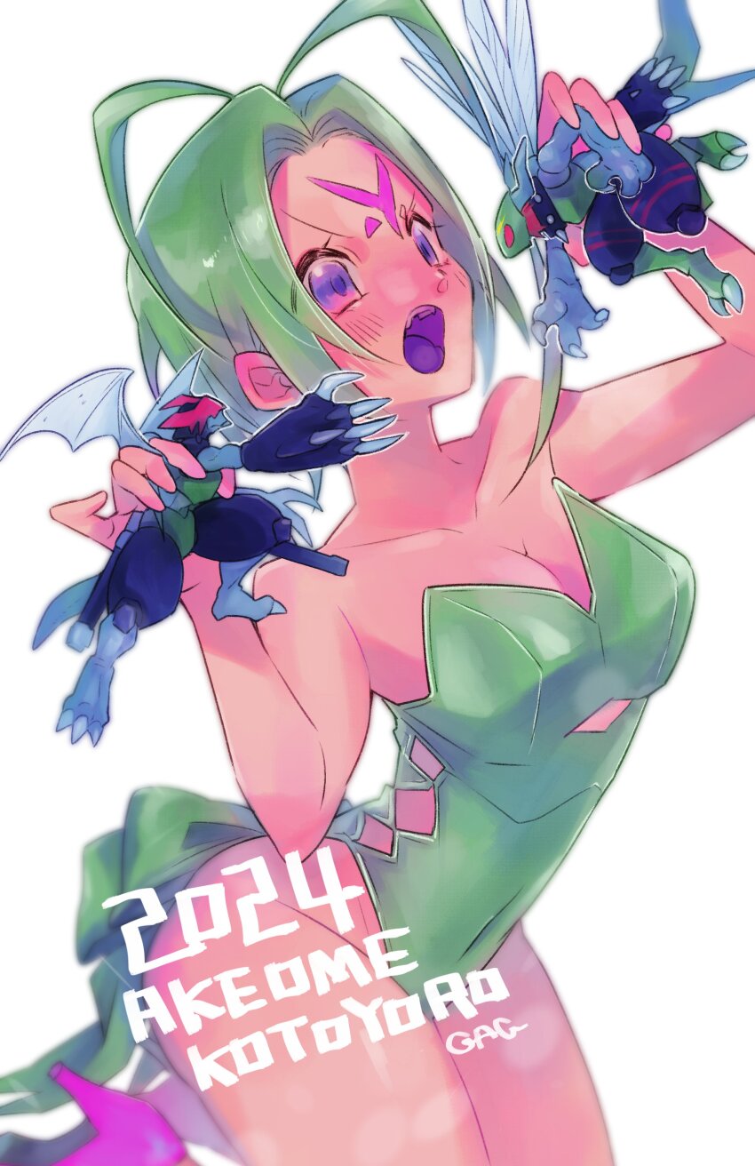 1girl absurdres breasts digimon digimon_(creature) dinobeemon green_hair highres medium_breasts open_mouth paildramon personification short_hair wormmon