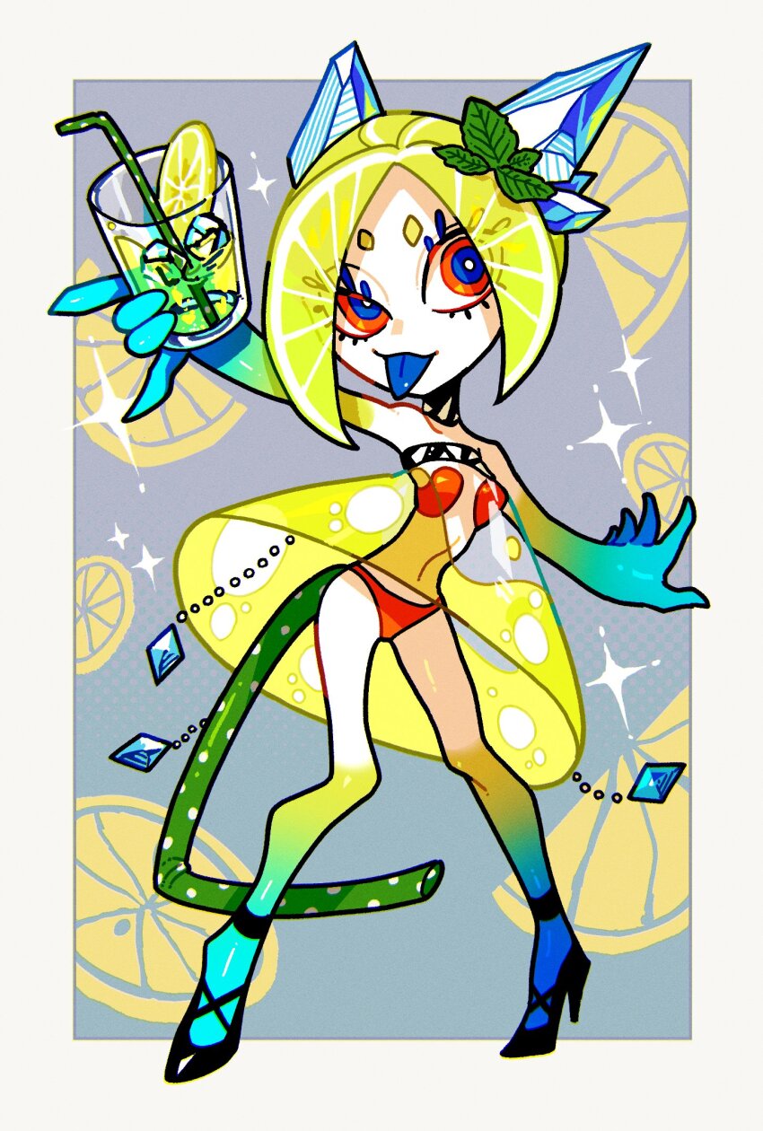 1girl bikini blue_background blue_eyes blue_tongue colored_extremities colored_tongue crystal_horns food fruit full_body green_hair highres horns lemon lemon_slice looking_at_viewer momomo_906 multicolored_eyes orange_bikini orange_eyes original short_hair solo standing swimsuit tail tongue tongue_out