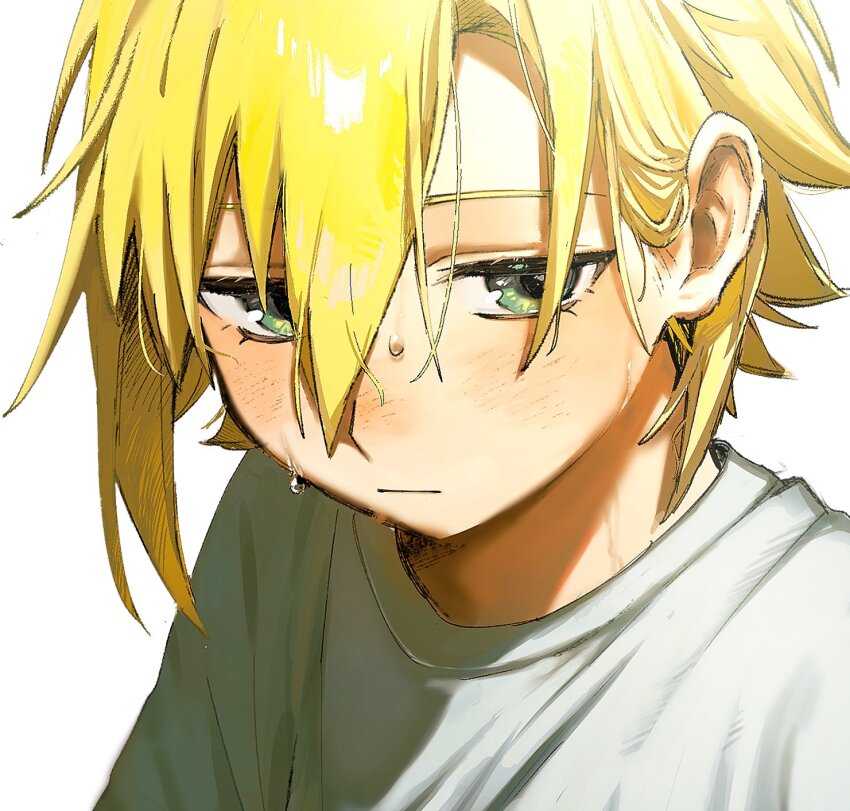 1boy blonde_hair blush closed_mouth crew_neck dripping_sweat green_eyes hair_behind_ear hair_between_eyes highres jitome looking_at_viewer male_focus ni_22 nijisanji shirt simple_background solo sweat t-shirt teeth upper_body uzuki_kou virtual_youtuber white_background white_shirt