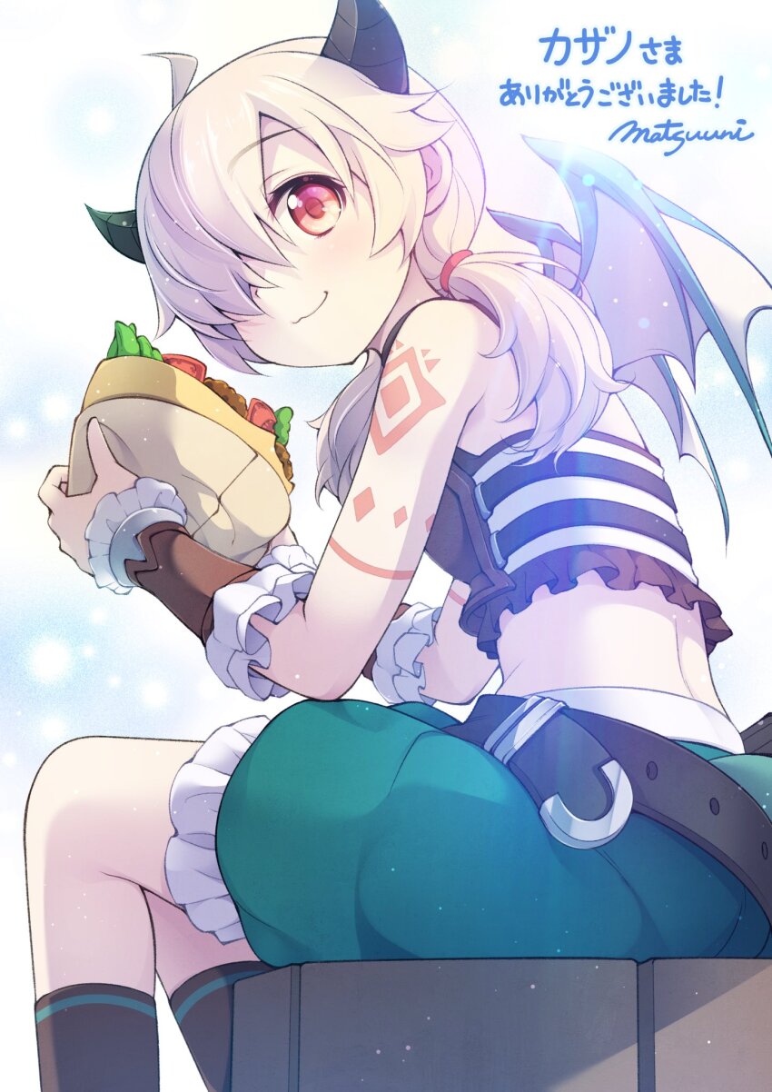 1girl belt closed_mouth commission dragon_girl dragon_horns dragon_wings food grey_hair hair_over_one_eye highres horns inori_(princess_connect!) long_hair looking_at_viewer low_twintails mh700257 princess_connect! red_eyes simple_background sitting skeb_commission solo tattoo translation_request twintails white_background wings