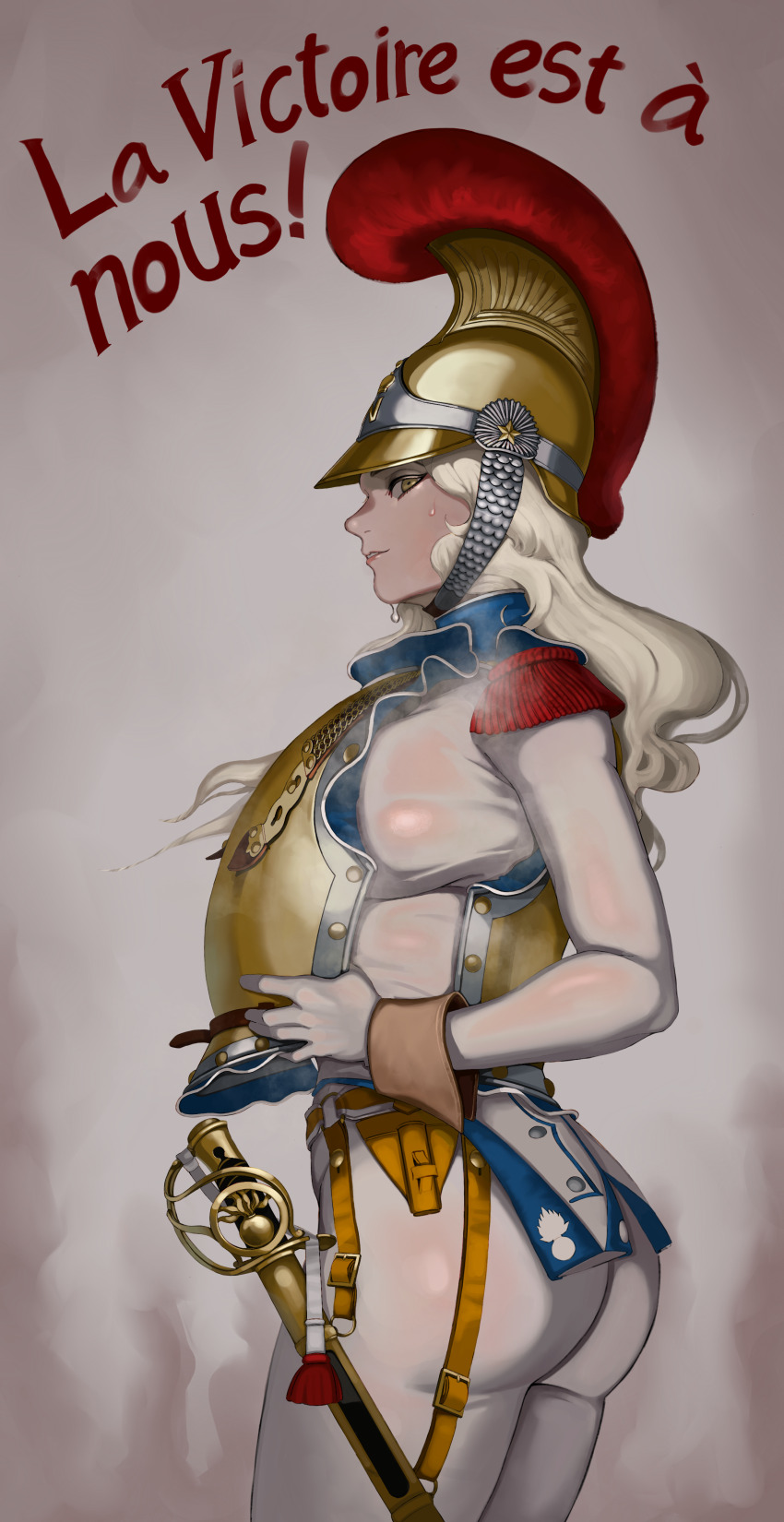 1girl absurdres armor army ass blonde_hair blue_eyes breasts cowboy_shot cuirass cuirassier epaulettes france french_text from_side gloves grey_background hat helmet highres jacket katyusha_(98269886) large_breasts lips long_hair long_sleeves looking_at_viewer military military_uniform napoleonic_wars original pants parted_lips red_epaulettes red_lips removing_armor revision riding_outfit scabbard see-through_clothes sheath sheathed shirt solo steam steaming_body sweat sweatdrop sword weapon white_gloves white_jacket white_pants white_shirt