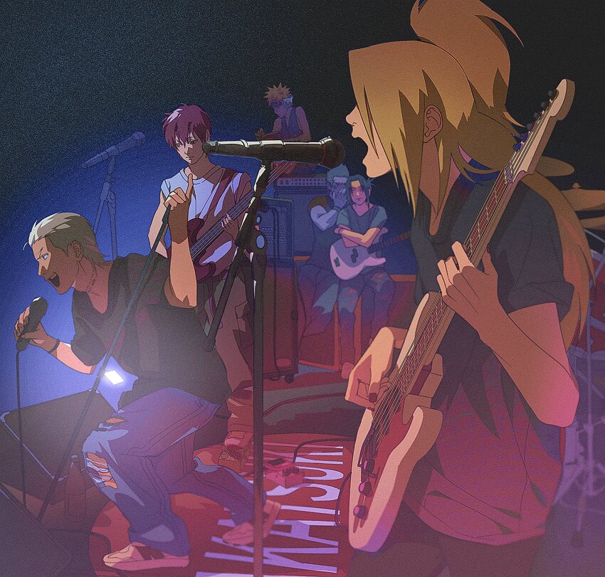alternate_costume alternate_hairstyle armband black_eyes blonde_hair blue_hair blue_skin book closed_eyes colored_skin deidara_(naruto) denim dj grey_hair guitar hair_bun hair_over_one_eye happy headphones hidan_(naruto) high_ponytail highres holding holding_book holding_guitar holding_instrument holding_microphone hoshigaki_kisame instrument jeans kiryukazumaaa long_hair male_focus microphone music nail_polish naruto_(series) naruto_shippuuden orange_hair pain_(naruto) pants ponytail red_eyes red_nails sasori_(naruto) shirt short_hair singing sitting stitched_neck stitches t-shirt torn_clothes torn_jeans torn_pants uchiha_itachi whispering