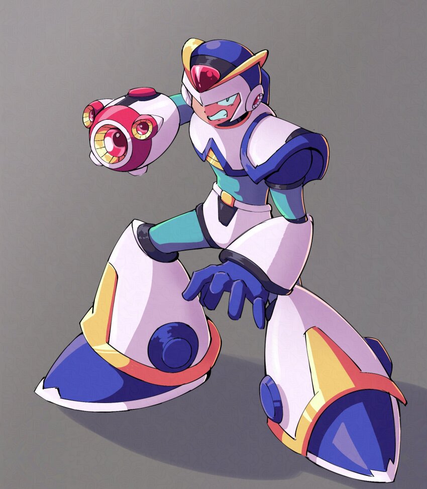 1boy android arm_cannon armor blue_helmet clenched_teeth first_armor_x_(mega_man) forehead_jewel grey_background helmet highres male_focus mega_man_(series) mega_man_x_(series) serious shoulder_armor simple_background solo surrealmason teeth weapon white_armor white_footwear white_helmet x_(mega_man)