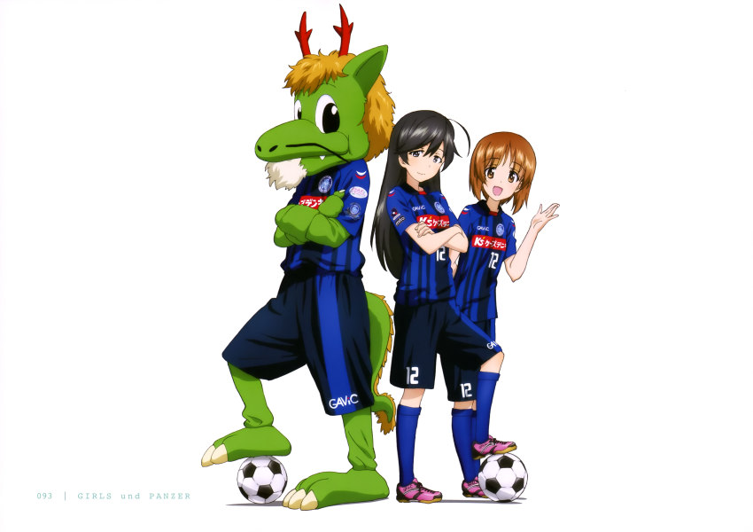 10s 2girls absurdres ball black_eyes black_hair blue_legwear brown_eyes brown_hair costume crossed_arms girls_und_panzer highres holly-kun isuzu_hana j._league long_hair mascot mito_hollyhock multiple_girls nishizumi_miho official_art open_mouth short_hair shorts simple_background smile soccer soccer_ball soccer_uniform sportswear white_background