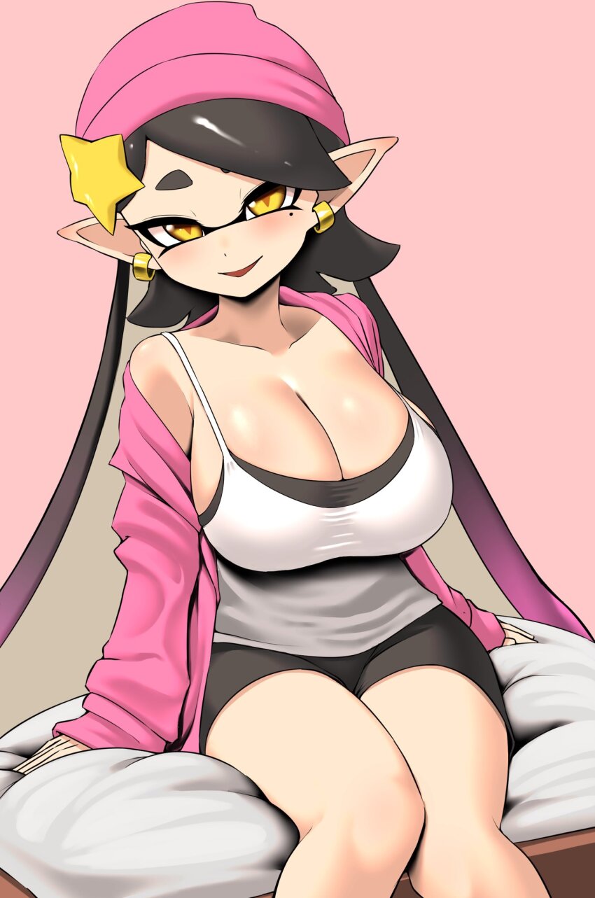 +_+ 1girl bare_shoulders blush breasts callie_(agent_1_casual)_(splatoon) callie_(splatoon) cleavage earrings hat huge_breasts jacket jewelry large_breasts long_sleeves looking_at_viewer nintendo open_clothes open_jacket pero_(pero7762) pointy_ears shorts sitting splatoon_(series) splatoon_2 star_(symbol) tentacle_hair twintails yellow_eyes