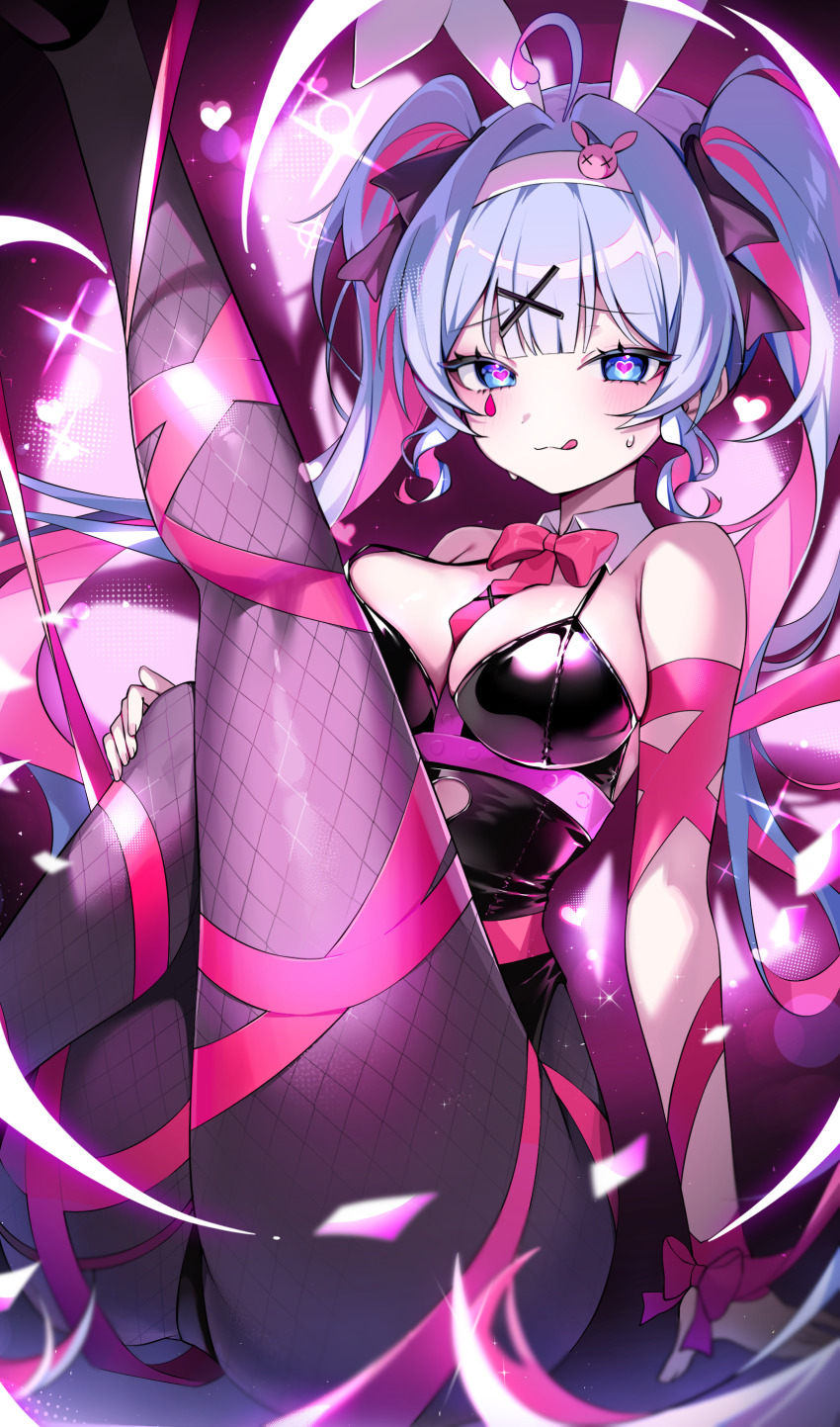 1girl :3 :q absurdres ahoge animal_ears ass bare_shoulders black_leotard black_pantyhose blue_eyes blue_hair blush bow bowtie breasts closed_mouth commentary_request cutout_above_navel detached_collar fake_animal_ears fishnet_pantyhose fishnets hair_intakes hair_ornament hatsune_miku heart heart-shaped_pupils heart_ahoge highres large_breasts leg_up legs leotard long_hair looking_at_viewer multicolored_hair nyaruin pantyhose pink_bow pink_bowtie pink_hair pink_ribbon playboy_bunny rabbit_ears rabbit_hole_(vocaloid) ribbon smile solo streaked_hair symbol-shaped_pupils teardrop_facial_mark thighs tongue tongue_out twintails vocaloid x_hair_ornament