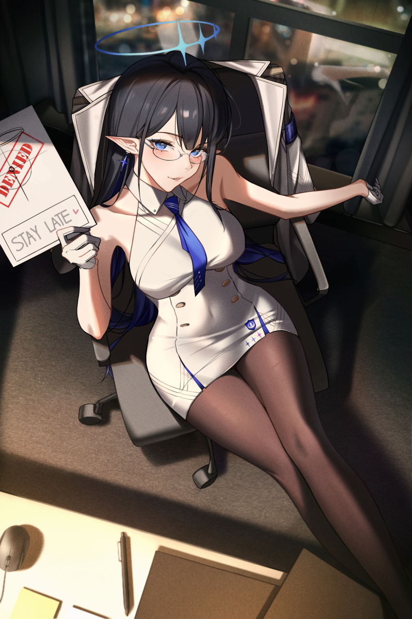 1girl absurdres armband black_hair blue_archive blue_armband blue_eyes blue_hair blue_halo blue_necktie breasts brown_pantyhose chair coat collared_dress colored_inner_hair dong_(art_woodong) dress earrings feet_out_of_frame glasses gloves half_gloves halo highres indoors jewelry legs long_hair looking_at_viewer multicolored_hair necktie pantyhose pointy_ears rimless_eyewear rin_(blue_archive) sitting sleeveless sleeveless_dress solo white_coat white_gloves window