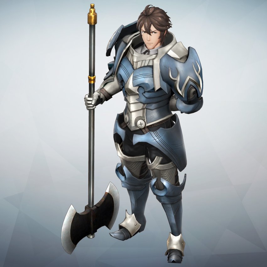 1boy 3d armor axe battle_axe black_pants blue_armor brown_eyes brown_hair fire_emblem fire_emblem_awakening fire_emblem_warriors frederick_(fire_emblem) full_body gauntlets gradient_background greaves highres holding looking_at_viewer male_focus nintendo official_art pants serious short_hair shoulder_armor simple_background solo standing weapon