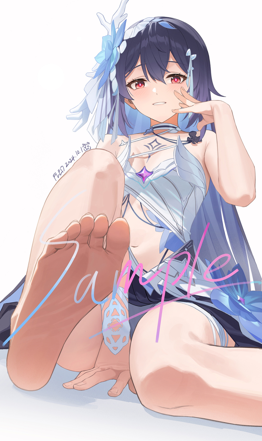 1girl :d artist_name barefoot blue_flower blue_hair breasts chest_tattoo dated dress feet fled flower foot_focus grin hair_flower hair_ornament highres honkai_(series) honkai_impact_3rd long_hair looking_at_viewer navel open_mouth red_eyes sample_watermark seele_(alter_ego) seele_vollerei seele_vollerei_(herrscher_of_rebirth) simple_background small_breasts smile soles solo tattoo teeth toes very_long_hair watermark white_background white_dress