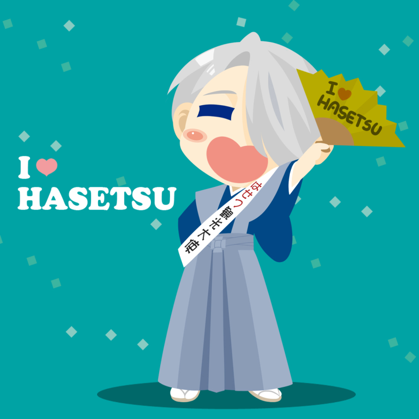 1boy =_= aqua_background blush_stickers english_text folding_fan hair_over_one_eye hakama hakama_skirt hand_fan heart-shaped_mouth highres japanese_clothes kaorin_minogue male_focus open_mouth sandals silver_hair skirt smile tabi viktor_nikiforov yuri!!!_on_ice