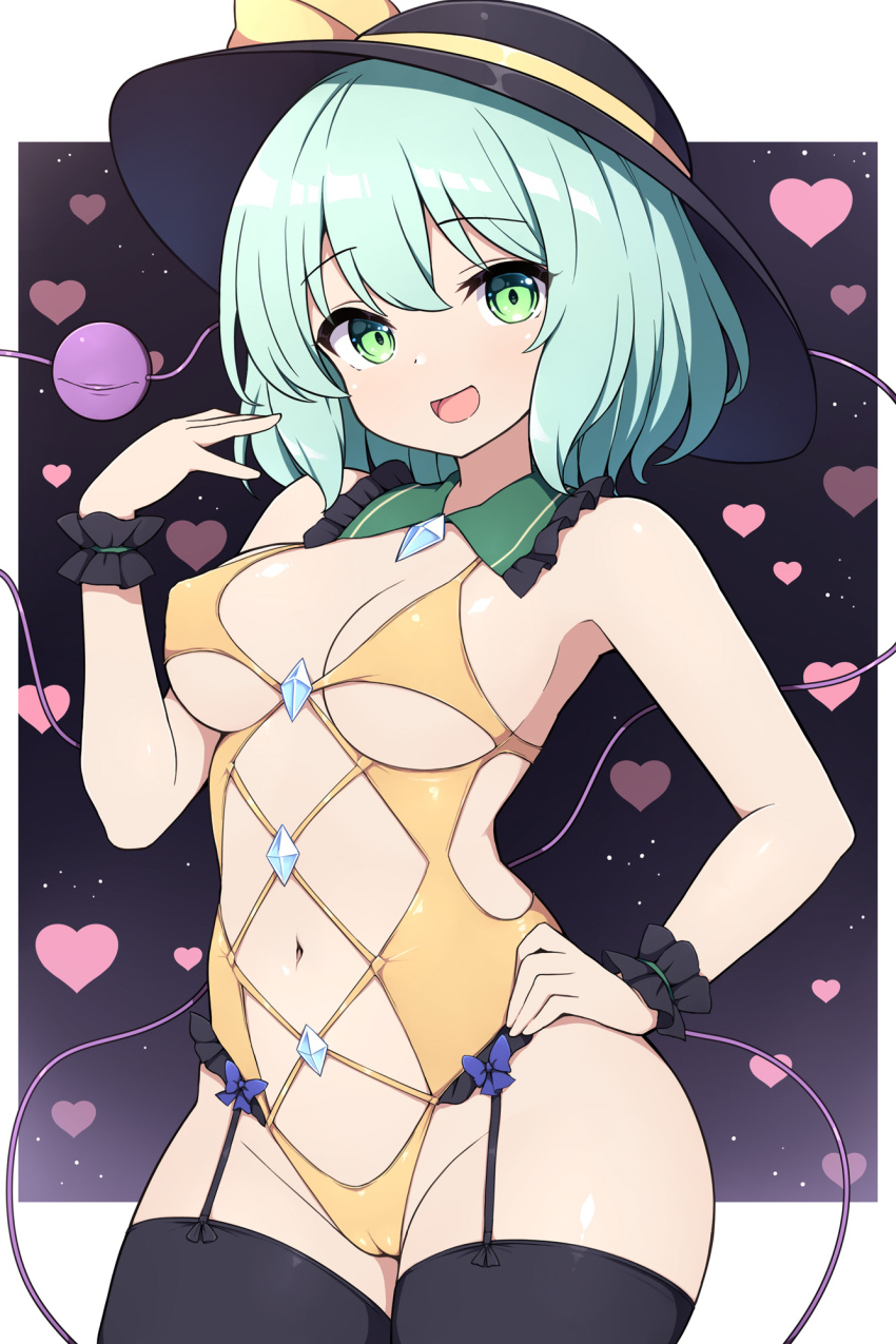 1girl :d black_garter_straps black_hat black_thighhighs breasts commentary_request eyeball garter_straps green_eyes green_hair hand_on_own_hip hat heart heart_background highres komeiji_koishi looking_at_viewer medium_breasts one-piece_swimsuit open_mouth rizento short_hair smile solo swimsuit thighhighs third_eye touhou yellow_one-piece_swimsuit