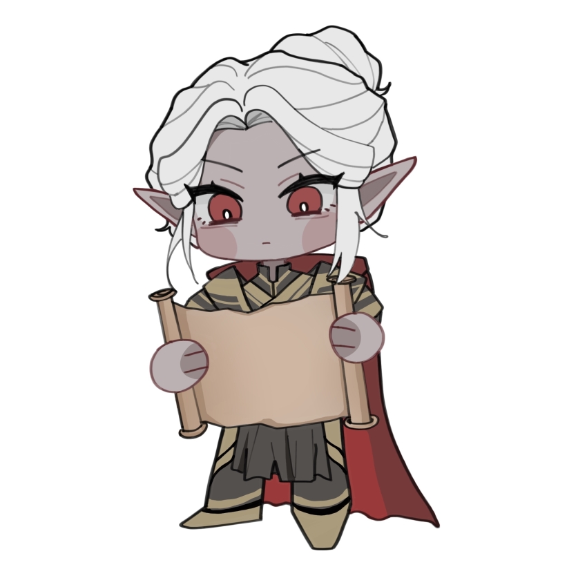 1girl anser_(lanjiu998) armor baldur&#039;s_gate baldur&#039;s_gate_3 black_boots blush_stickers boots bright_pupils cape chibi chibi_only chinese_commentary circle_hands commentary_request dungeons_&amp;_dragons dungeons_&amp;_dragons full_body hair_bun highres holding holding_scroll looking_down minthara no_nose pauldrons pelvic_curtain pointy_ears red_cape red_eyes scroll short_hair shoulder_armor simple_background single_hair_bun solo standing white_background white_hair white_pupils