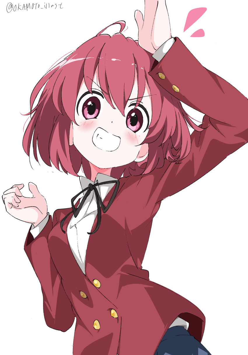 1girl absurdres ahoge arm_up black_ribbon blazer blue_skirt blush buttons collared_shirt commentary_request cowboy_shot double-breasted grin hair_between_eyes highres jacket kushieda_minori long_sleeves looking_at_viewer neck_ribbon oohashi_high_school_uniform red_eyes red_hair red_jacket ribbon school_uniform shirt short_hair simple_background skirt smile solo toradora! twitter_username white_background white_gorilla_(okamoto) white_shirt
