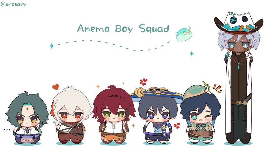 6+boys anemo_slime_(genshin_impact) black_hair blue_eyes blush chibi dark-skinned_male dark_skin full_body genshin_impact gradient_hair green_eyes green_hair grey_eyes grey_hair hat heart highres ifa_(genshin_impact) japanese_clothes kaedehara_kazuha male_focus multicolored_hair multiple_boys one_eye_closed open_mouth red_eyes red_hair scaramouche_(genshin_impact) shikanoin_heizou short_hair simple_background slime_(genshin_impact) smile unosavy venti_(genshin_impact) wanderer_(genshin_impact) white_background white_hair xiao_(genshin_impact)