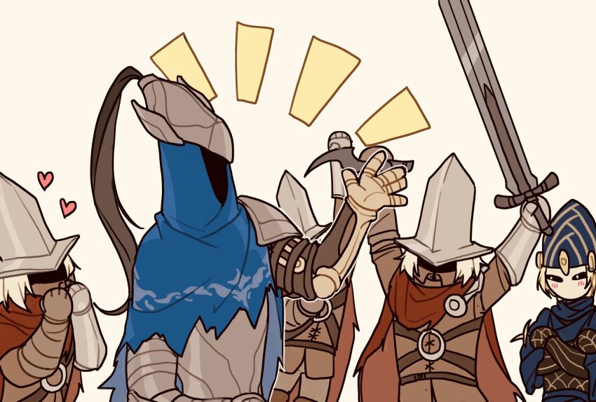 1girl 4boys abyss_watcher arms_up artorias_the_abysswalker blonde_hair blue_cape blush cape commentary crossed_arms dark_souls_(series) dark_souls_i dark_souls_iii english_commentary heart highres holding holding_sword holding_weapon long_hair looking_at_another lord&#039;s_blade_ciaran multiple_boys neckerchief prosthesis prosthetic_arm red_cape short_hair simple_background standing sword tworain_w upper_body weapon white_background