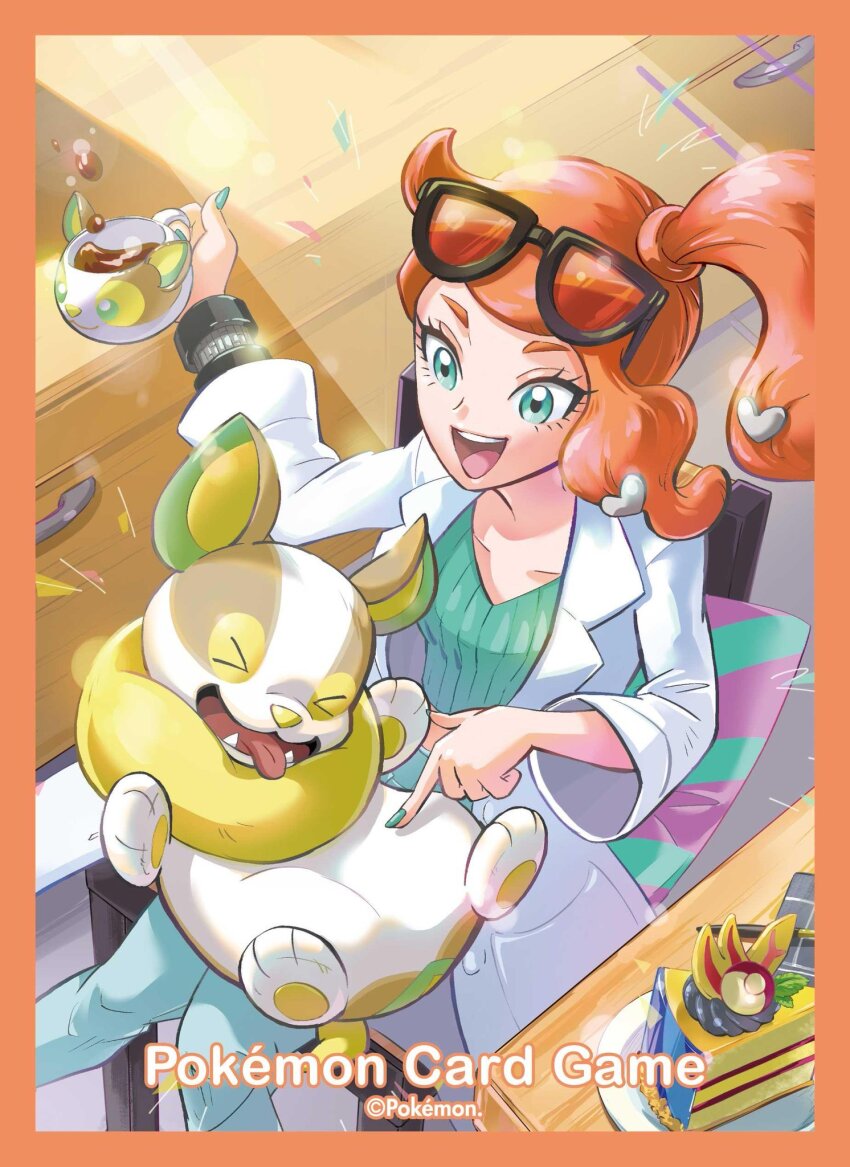 &gt;_&lt; 1girl :d aqua_eyes aqua_nails aqua_sweater artist_request black-framed_eyewear border cake cake_slice chair closed_eyes commentary copyright_name copyright_notice cup dog drink english_commentary eyelashes eyewear_on_head fangs food gen_8_pokemon hair_ornament heart heart_hair_ornament highres holding holding_cup holding_drink indoors jacket lab_coat long_hair long_sleeves mug nintendo official_art open_clothes open_jacket open_mouth orange_border orange_hair plate poke_ball_theme pokemon pokemon_(creature) pokemon_swsh pokemon_tcg poking poking_belly ponytail red-tinted_eyewear sitting smile sonia_(pokemon) sunglasses sweater teeth third-party_source tinted_eyewear tongue tongue_out upper_teeth_only v-neck white_jacket yamper