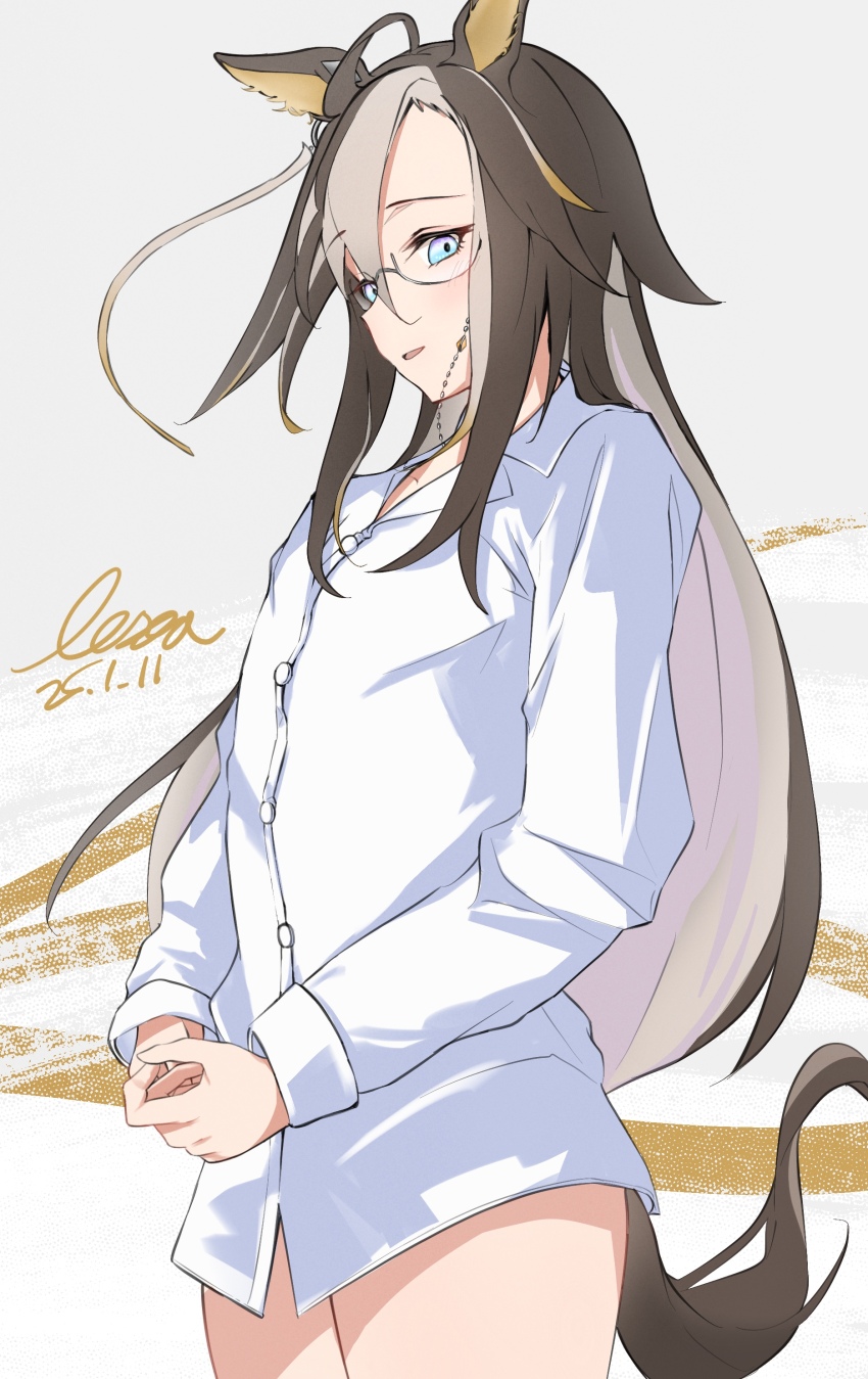 1girl absurdres ahoge alternate_costume animal_ears blonde_hair blue_eyes brown_hair collared_shirt dated dream_journey_(umamusume) eyewear_strap from_side hair_between_eyes highres horse_ears horse_girl lesoa long_hair looking_at_viewer looking_to_the_side shirt signature solo umamusume white_hair white_shirt