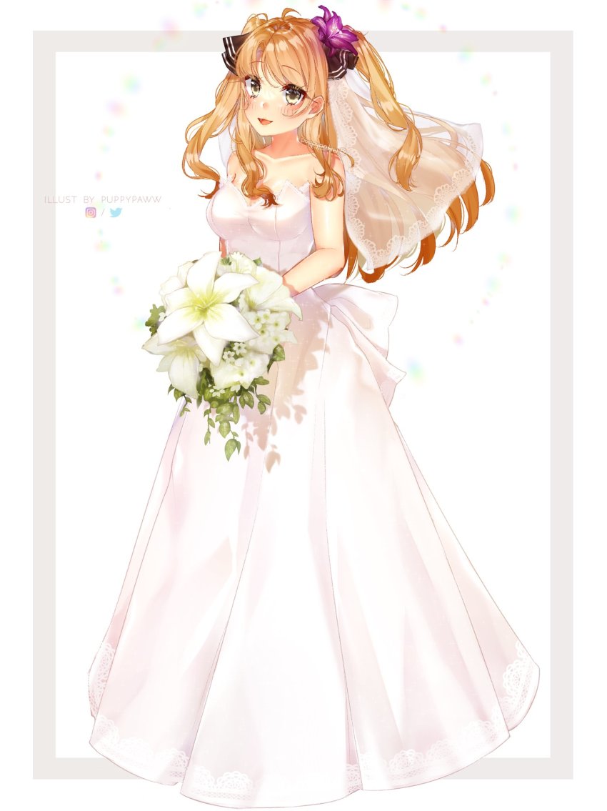 1girl ao_no_kanata_no_four_rhythm artist_name bare_arms bare_shoulders blonde_hair blush bouquet breasts bridal_veil brown_eyes commission dress flower hair_flower hair_ornament hair_ribbon highres holding holding_bouquet holding_flower instagram_logo long_hair looking_at_viewer open_mouth puppypaww purple_flower ribbon satouin_reiko simple_background sleeveless sleeveless_dress smile solo star_(symbol) star_in_eye symbol_in_eye twitter_logo veil wedding_dress white_background white_dress white_flower